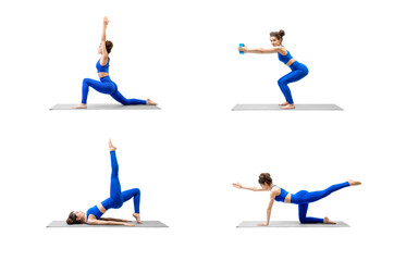 Set of fitness female exercises. Beautiful young caucasian woman in sportswear does workout, 4...