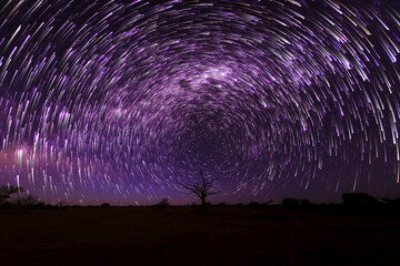 nightscape, night full of stars, star trails with the centre of the southern night sky