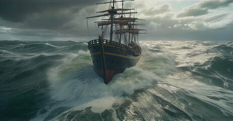 Ship in the stormy sea with huge waves. Giant stormy waves in the ocean and boat. Generated AI. Generative AI