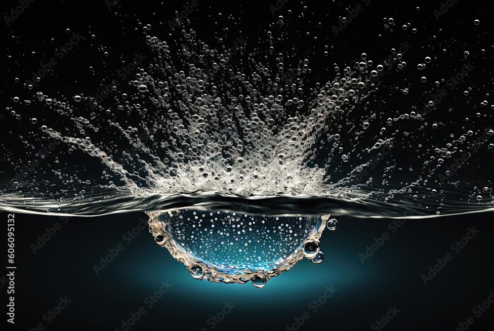 Poster water splash with beautiful drops flying away. liquid motion background. generated ai. generative ai