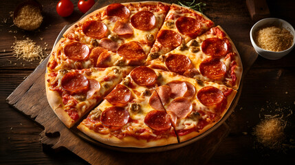 Circle pepperoni pizza with mozzarella cheese and onion on wooden table Generative AI