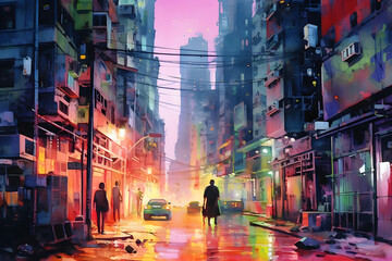 Futuristic city streets colourful cyberpunk watercolour landscape