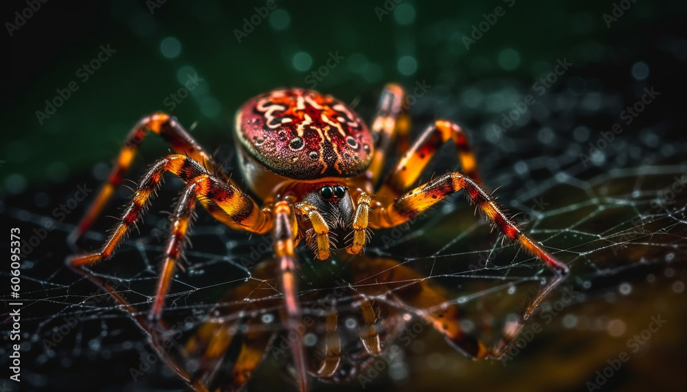 Poster spooky arachnid on yellow web in nature generated by ai