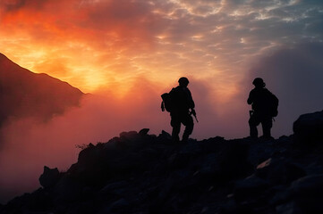 Naklejka na ściany i meble Two Army Soldiers Silhouettes in Action Against the Sunset on Hill. Generative AI.