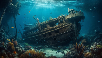Diving into blue sea, exploring shipwreck beauty generated by AI
