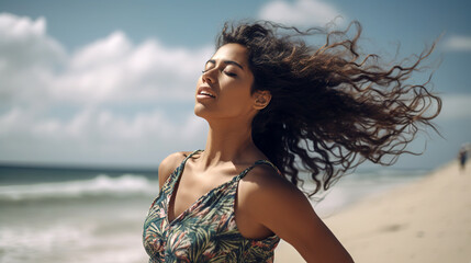 Naklejka premium A young hispanic girl wearing a stylish sundress, stands on a sandy beach - generative AI, AI generated