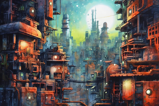 Futuristic city cyberpunk watercolour skyline landscape