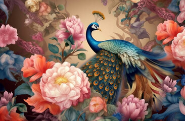 Seamless Floral Leather and Peacock Wallpaper - Exotic Oriental Design for Interior Mural Decor, generative AI - obrazy, fototapety, plakaty
