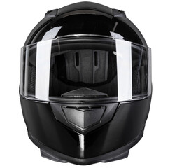 front view of black motorcycle carbon integral crash helmet isolated white background. motorsport car kart racing transportation safety concept - obrazy, fototapety, plakaty
