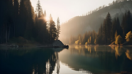 Fototapeta na wymiar Peaceful mountain lake during golden hour, Generative AI