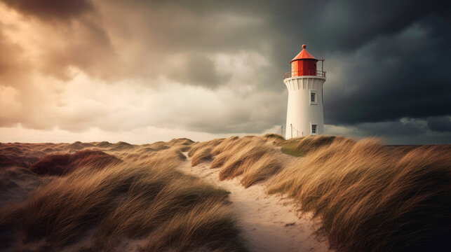 Lighthouse near the North Sea coast. Generative AI