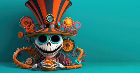 Mad scull in hat on bright studio background. Halloween holidays placard.  AI generative