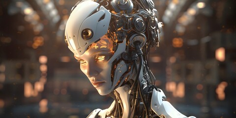 Female robot face, Artificial intelligence concept. Generative AI