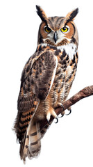 a Great-Horned Owl sitting, full body portrait, a nocturnal bird of prey, piercing eyes, Nature-themed, photorealistic illustrations in a PNG, cutout, and isolated. Generative AI