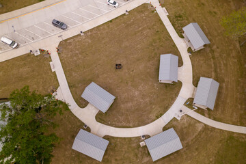 Aerial view of park with gazebos
