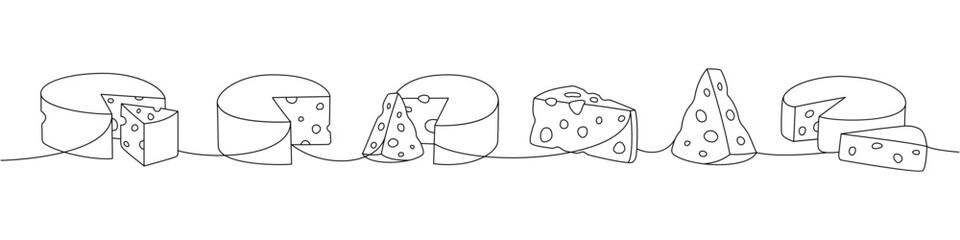 Cheese set one line continuous drawing. Different types of cheese continuous one line illustration. Vector minimalist linear illustration.