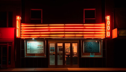 Glowing neon sign illuminates bar entrance at night generated by AI
