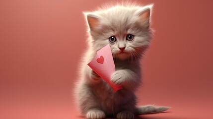 Kitten carries pink Valentine's love letter with a heart in its mouth