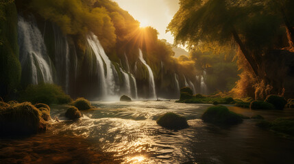 Fototapeta na wymiar Beautiful waterfalls surrounded by lush greenery during golden hour, Generative AI