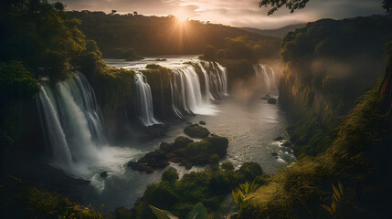 Beautiful waterfalls surrounded by lush greenery, golden hour, Generative AI