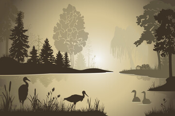 Forest landscape  with trees, lake and crane birds silhouettes, sunset, sunrise, dark yellow and green background, vector illustration. - obrazy, fototapety, plakaty