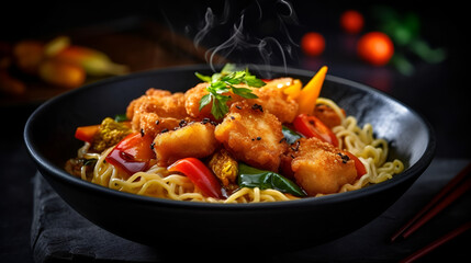 Chicken nuggets with noodles and stir fried vegetables on black table Generative AI