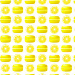Seamless pattern lemon macarons and lemon slice. Gradient macarons. Vector traditional french cookies in cartoon style.Vector illustration