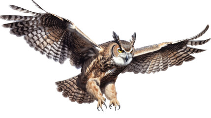 a Great-Horned Owl, in flight, 3/4 view, a nocturnal bird of prey, piercing eyes, Nature-themed, photorealistic illustrations in a PNG, cutout, and isolated. Generative AI