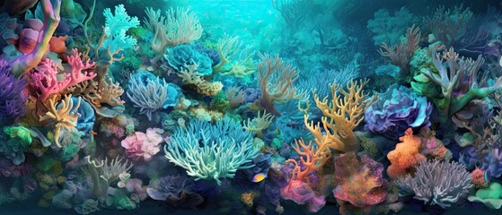 Naklejka na ściany i meble Abstract underwater liquid background featuring a mix of beautiful underwater plants, flowers and coral. Gorgeous underwater scenery. Generative AI.
