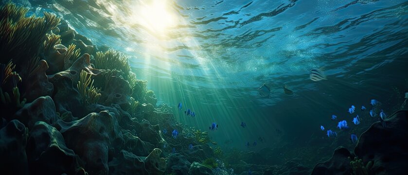 Abstract underwater liquid background with a focus on the beautiful underwater world, the kingdom of plants under water. Beautiful underwater illustration. Generative AI.