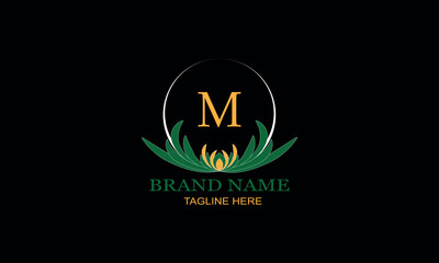 Floral logo design with elegant letter M. Monogram elements for women's beauty salon, massage, cosmetics or spa brand, business.