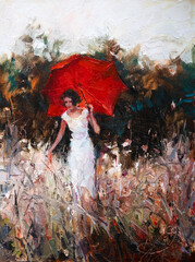 Girl holding a sun umbrella in a field among flowers and herbs. oil painting on the host.