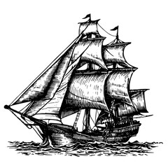 Sailing ship vector illustration. Hand drawn vintage sailing ship in engraving style. The Illustration a great suitable for sail application activities.  Sailing ship in the sea