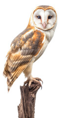 Obraz premium a Barn Owl, perched, side view, a nocturnal bird of prey, piercing eyes, Nature-themed, photorealistic illustrations in a PNG, cutout, and isolated. Generative AI