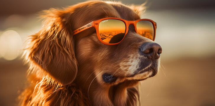 a golden retriever dog with a drink on the beach and sunny tan, in the style of exotic, modern, virtual reality