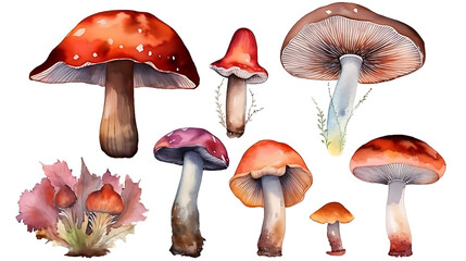 Watercolor mushrooms illustration set transparent background generative ai