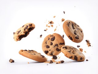Tasty chocolate chip cookies falling isolated on white background, generate ai