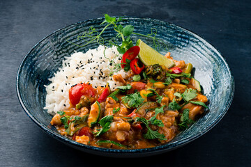 Lunch chicken stew with tomatoes, sweet peppers, beans, zucchini, sauce and rice.