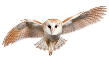 Fototapeta premium a Barn Owl, in flight, 3/4 and side views, a bird of prey, Silent hunter, aerial hunter Nature-themed, photorealistic illustrations in a PNG, cutout, and isolated. Generative AI