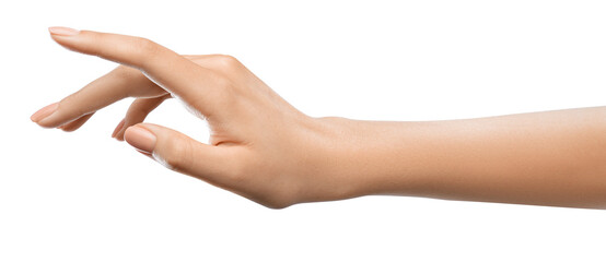Closeup of female hand shaped to hold a phone. The hand is shaped for holding a smartphone or similar.