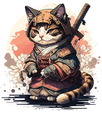 Samurai Katze im Kawaii Anime Stil mit Ninjaschwert und japanischen Blüten und japanischen Elementen im Hintergrund