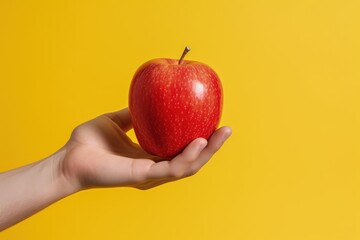 Hand holding apple on yellow background, Generative AI