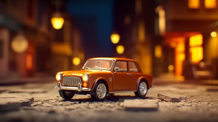 Car diecast in Diorama with light bulb on the night city. Generative Ai.