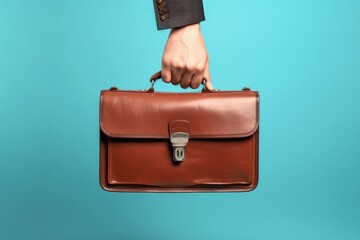 Hand holding brown briefcase, blue background, business man briefcase, Generative AI