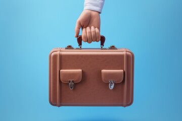 Hand holding brown briefcase, blue background, business man briefcase, Generative AI
