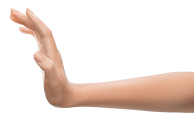 Human Hand signing stop isolated transparent  PNG photo. Woman's hand symbolizing a stop gesture.