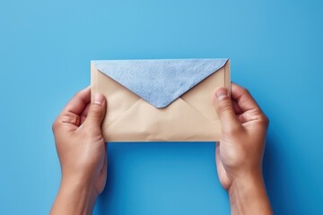 Fototapeta premium Hands holding paper envelope, blue background, Generative AI
