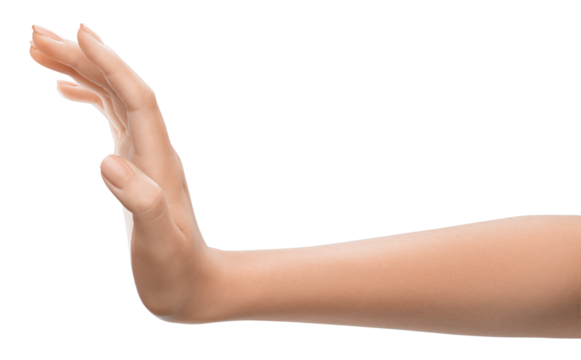 Human Hand signing stop isolated transparent  PNG photo. Woman's hand symbolizing a stop gesture.
