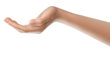 Woman's hand holding a blank space, concept for product or service promotion. Hand exchanging an object, symbolizing exchange or trade. Commerce or business promotion concept