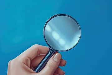 Hand holding magnifying glass on blue background, Generative AI